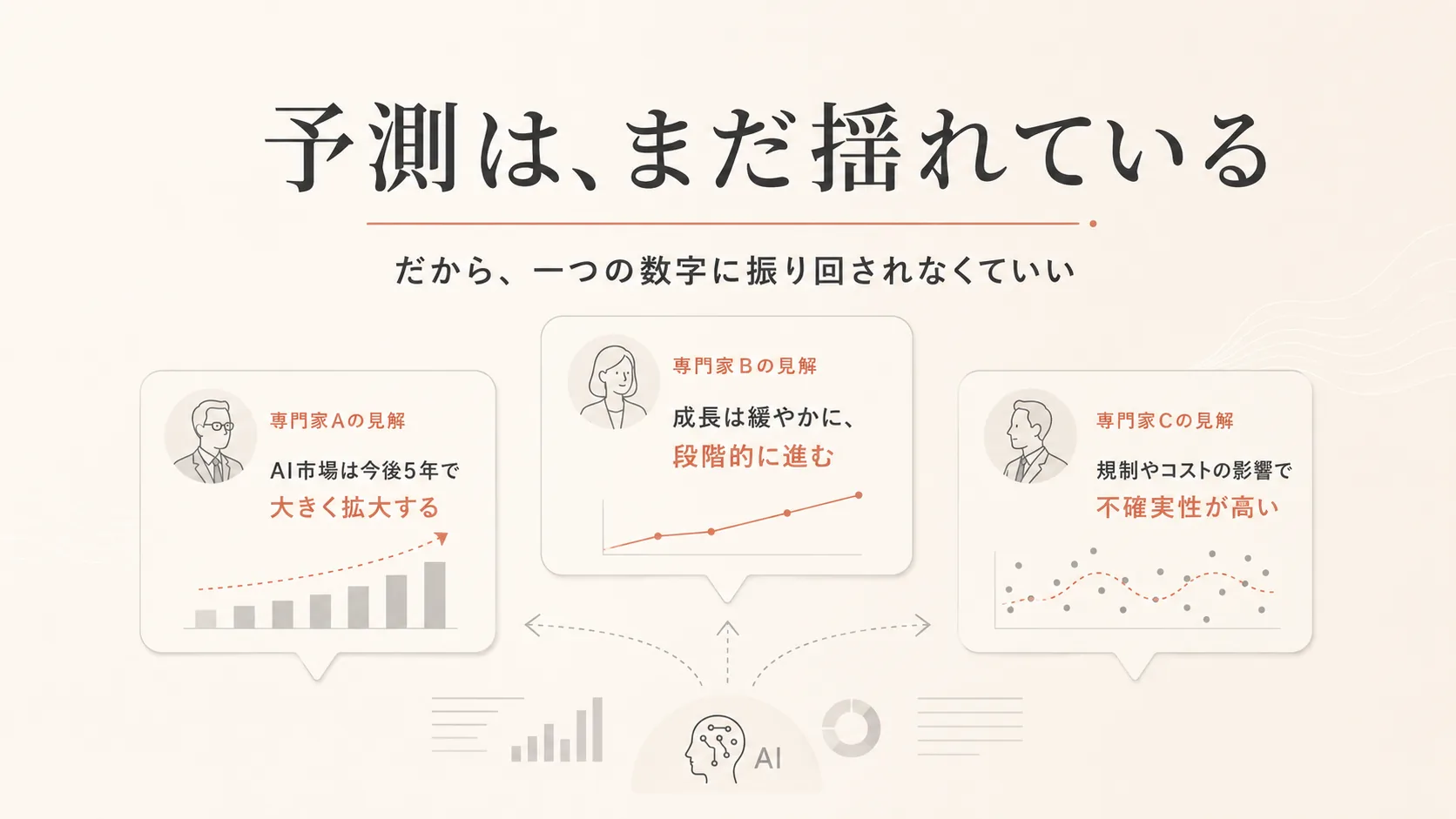 AIをつくる側の3人の見解も割れている。予測はまだ揺れているので、一つの数字に振り回されなくていい